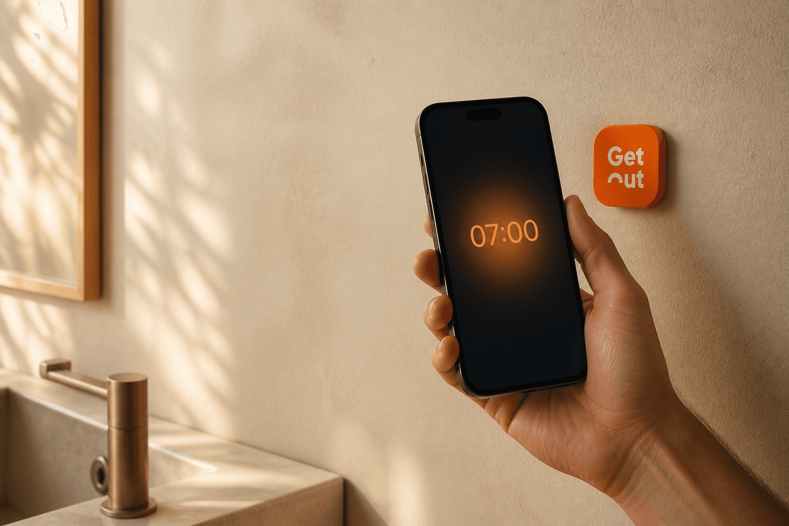 An iPhone scans an orange GetOut tag beside a sink